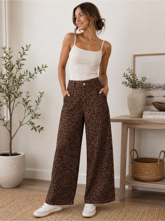 Luvamia Pants - Luvamia Leopard Print Wide Leg Jeans XL High Rise Stretch Animal Print Pants NWT